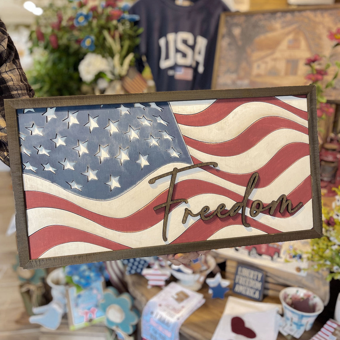 Framed Wood 3D American Flag Freedom Sign