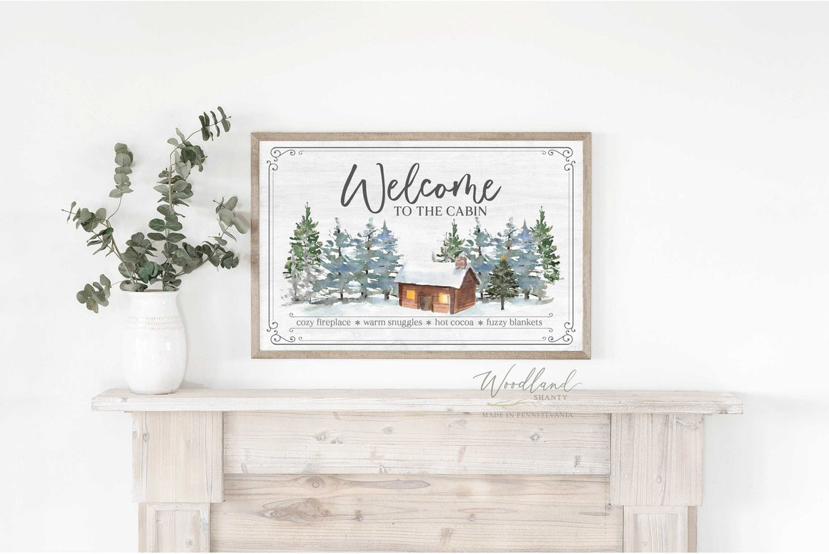 Welcome to the Cabin Sign, Winter Christmas Cozy Cabin Wall Art Decor