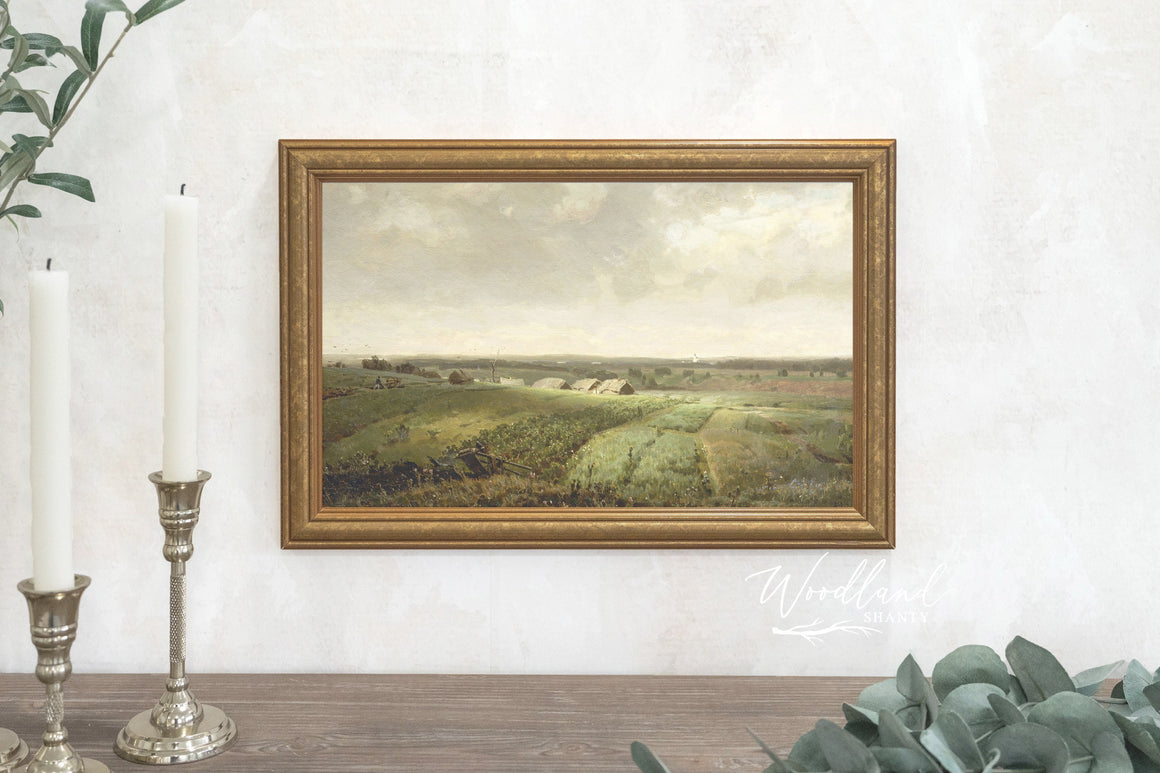 Vintage Landscape Oil Painting Prints, Gold Framed, Summer Farm Field, Vintage Landscape Scene Reproduction