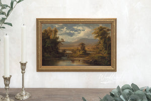 Vintage Landscape Oil Painting Prints, Gold Framed, Cattle Lake, Vintage Landscape Scene Reproduction