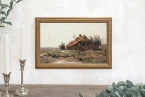 Vintage Landscape Oil Painting Prints, Gold Framed, Rustic Barn, Vintage Landscape Scene Reproduction