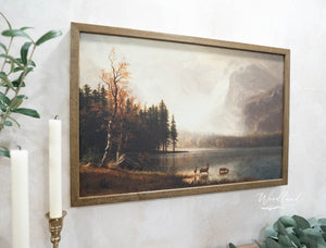 Vintage Landscape Wall Art, Vintage Oil Painting Look Photo of Lake, Deer, Mountains, Trees