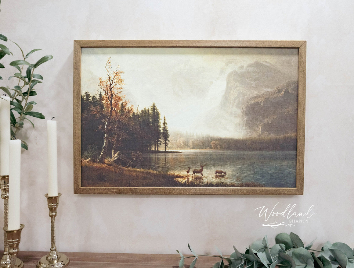 Vintage Landscape Wall Art, Vintage Oil Painting Look Photo of Lake, Deer, Mountains, Trees