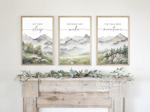 Let Them Sleep For When They Wake They Will Move Mountains, Set of 3 Framed Signs, Framed Forest Mountain Trees Themed Nursery Wall Art Sign