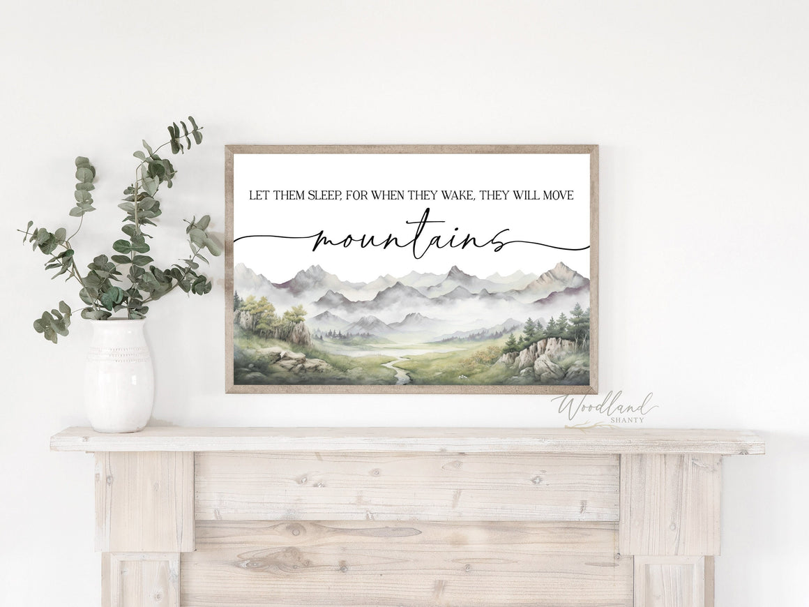 Let Them Sleep For When They Wake They Will Move Mountains, Framed Wall Art Twins Mountain Forest Woodland Themed Nursery Room Decor
