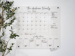 Personalized Square Acrylic Dry Erase Wall Calendar, Square Calendar, Family Organizer, Month Week Shopping List and Notes Section