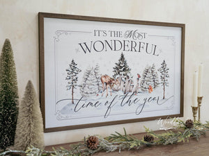 It's the Most Wonderful Time of the Year Woodland Christmas Framed Sign, Christmas Decor, Framed Rustic Trees Snow Winter Animals Outdoor