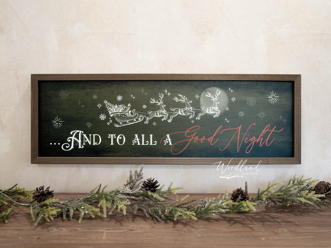 And To All A Good Night Christmas Santa Reindeer Framed Sign, Santa Sleigh Christmas Home Wall Decor, Christmas Holiday Mantle Table Decor