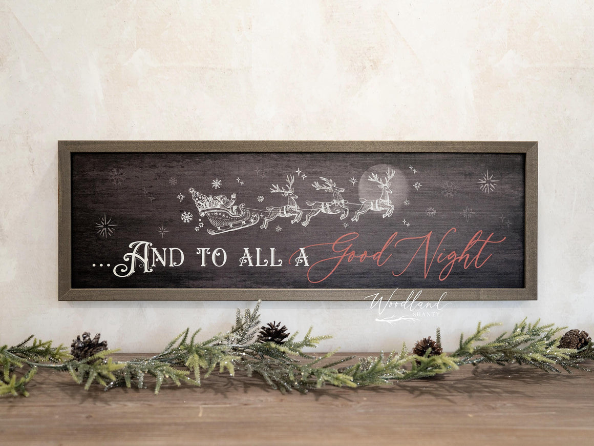 And To All A Good Night Christmas Santa Reindeer Framed Sign, Santa Sleigh Christmas Home Wall Decor, Christmas Holiday Mantle Table Decor