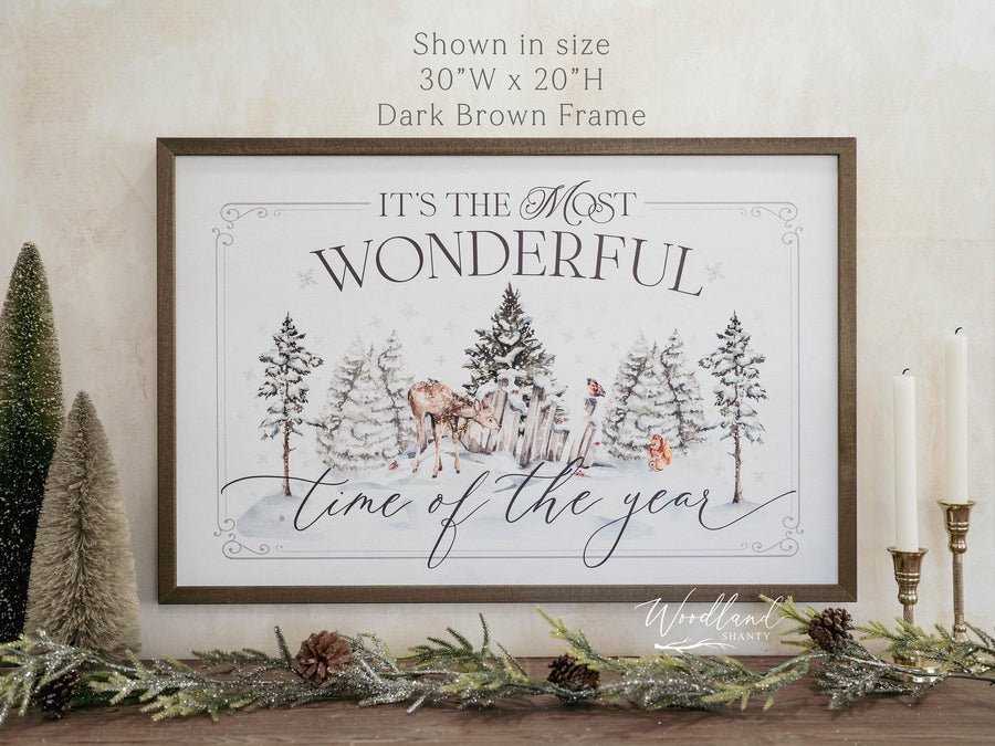 It's the Most Wonderful Time of the Year Woodland Christmas Framed Sign, Christmas Decor, Framed Rustic Trees Snow Winter Animals Outdoor