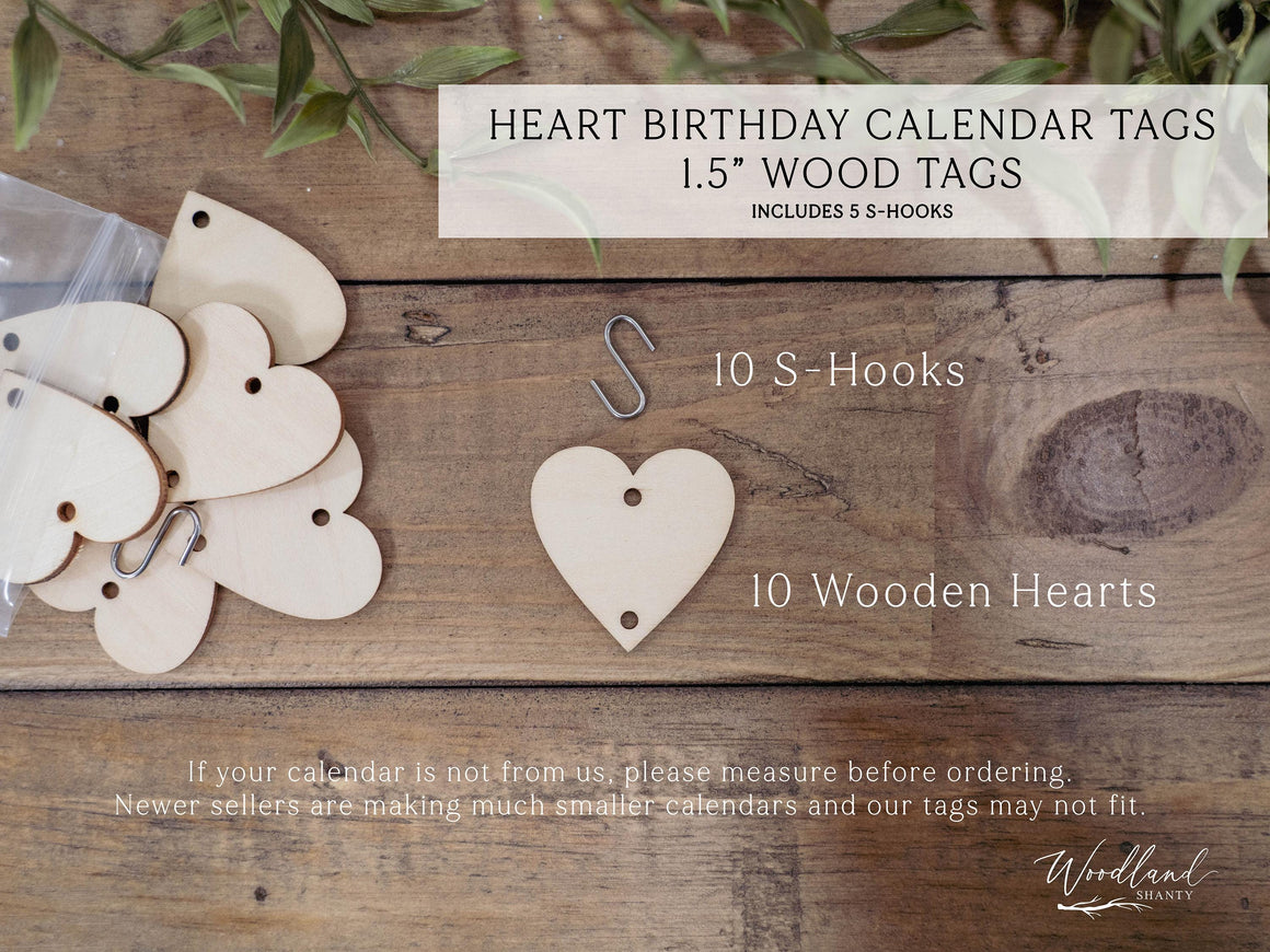 Birthday Calendar Heart Tags, 1.5inch Heart Shaped Tags, Additional Birthday Calendar Heart Tags with Hooks