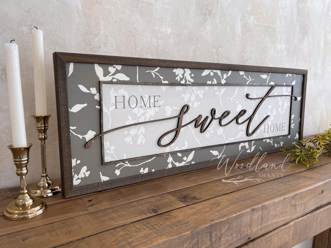 Home Sweet Home Wood Framed Sign, Housewarming Gift, Rustic Floral Vintage Inspired Home Decor, Foyer Table Decor, New Home Gift, 36x12