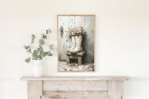 Framed Vintage Flower Rain Boots Spring Wall Art Sign, Contemporary Modern Rustic Spring Decor, Vintage Spring Floral Mantle Decor