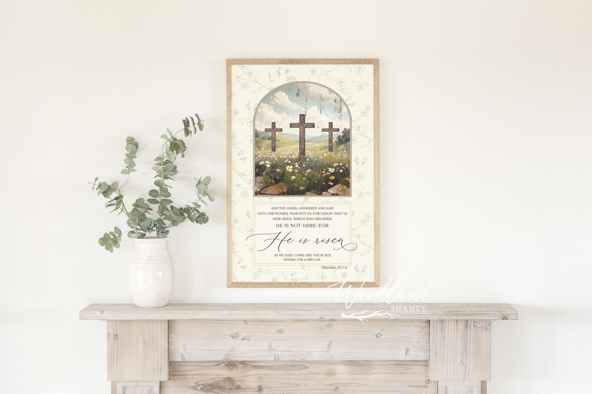 Framed He is Risen Sign, Contemporary Modern Rustic Spring Wall Art Decor, Vintage Christian Spring Floral Mantel Decor