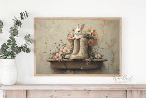 Framed Spring Bunny in Rain Boots Sign, Modern Contemporary Rustic Spring Wall Art Decor, Vintage Spring Mantel Decoration