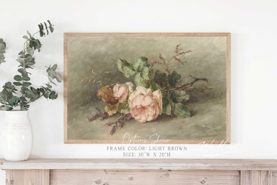Framed Vintage Pink Rose Peony Stem Floral Wall Art Sign, Antique Oil Painting Reproduction Wall Art Print, Vintage Inspired Spring Decor
