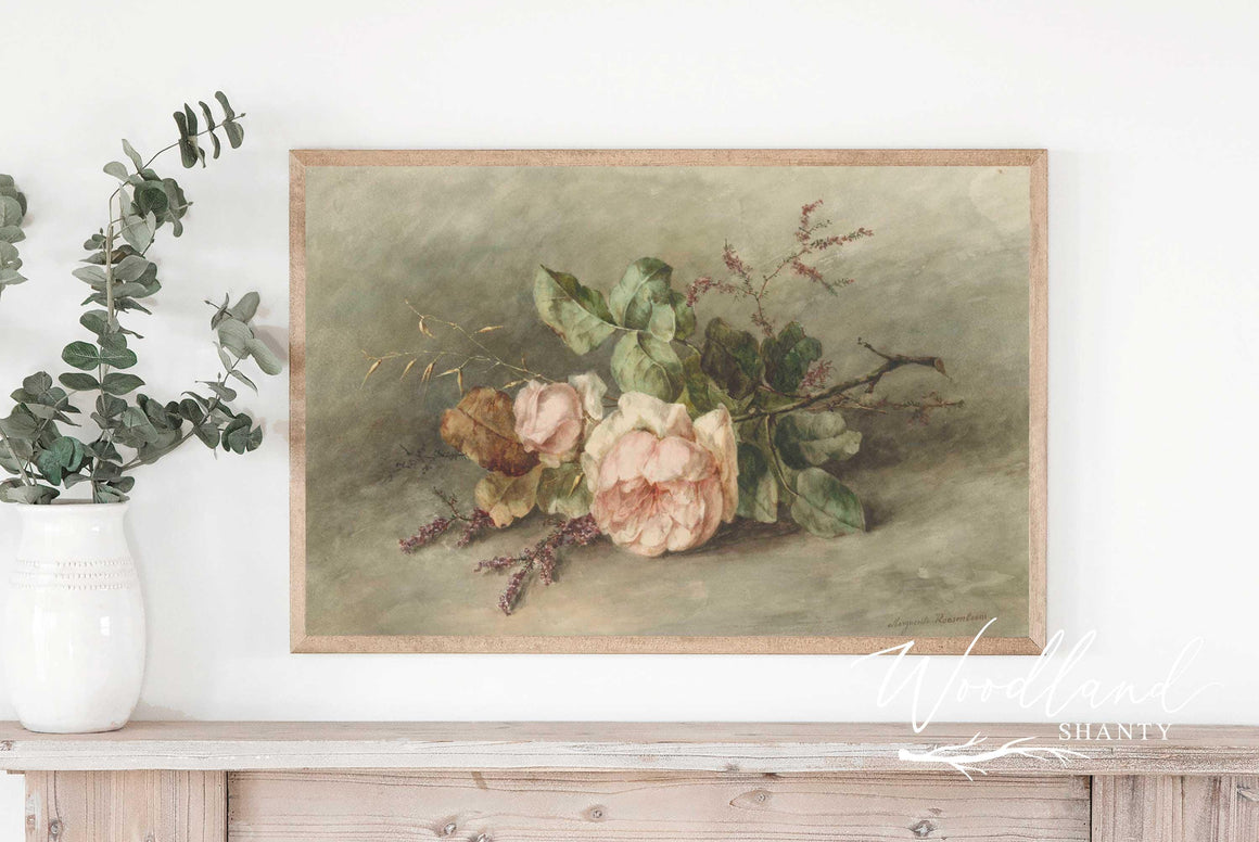 Framed Vintage Pink Rose Peony Stem Floral Wall Art Sign, Antique Oil Painting Reproduction Wall Art Print, Vintage Inspired Spring Decor