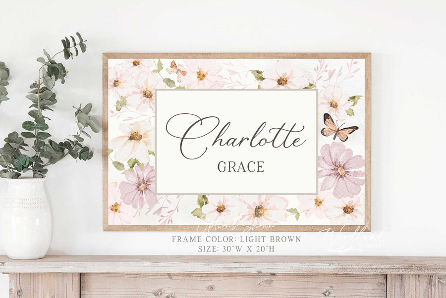 Personalized Name Pink Floral Wall Art Sign, Girls Name Nursery Girls Room Decor, Vintage Pink Floral Custom Nursery Wall Decor