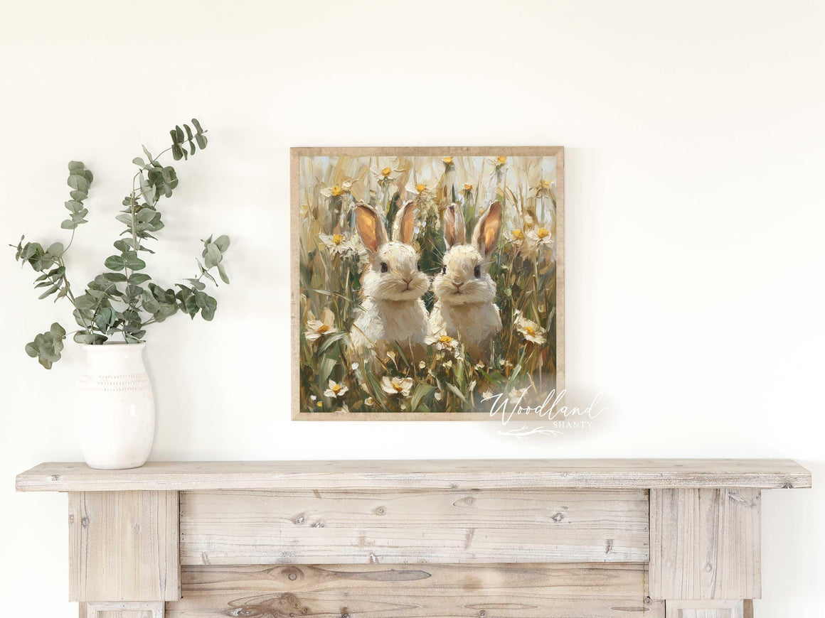 Framed Baby Bunnies Spring Field Wall Art, Vintage Inspired Spring Sign,