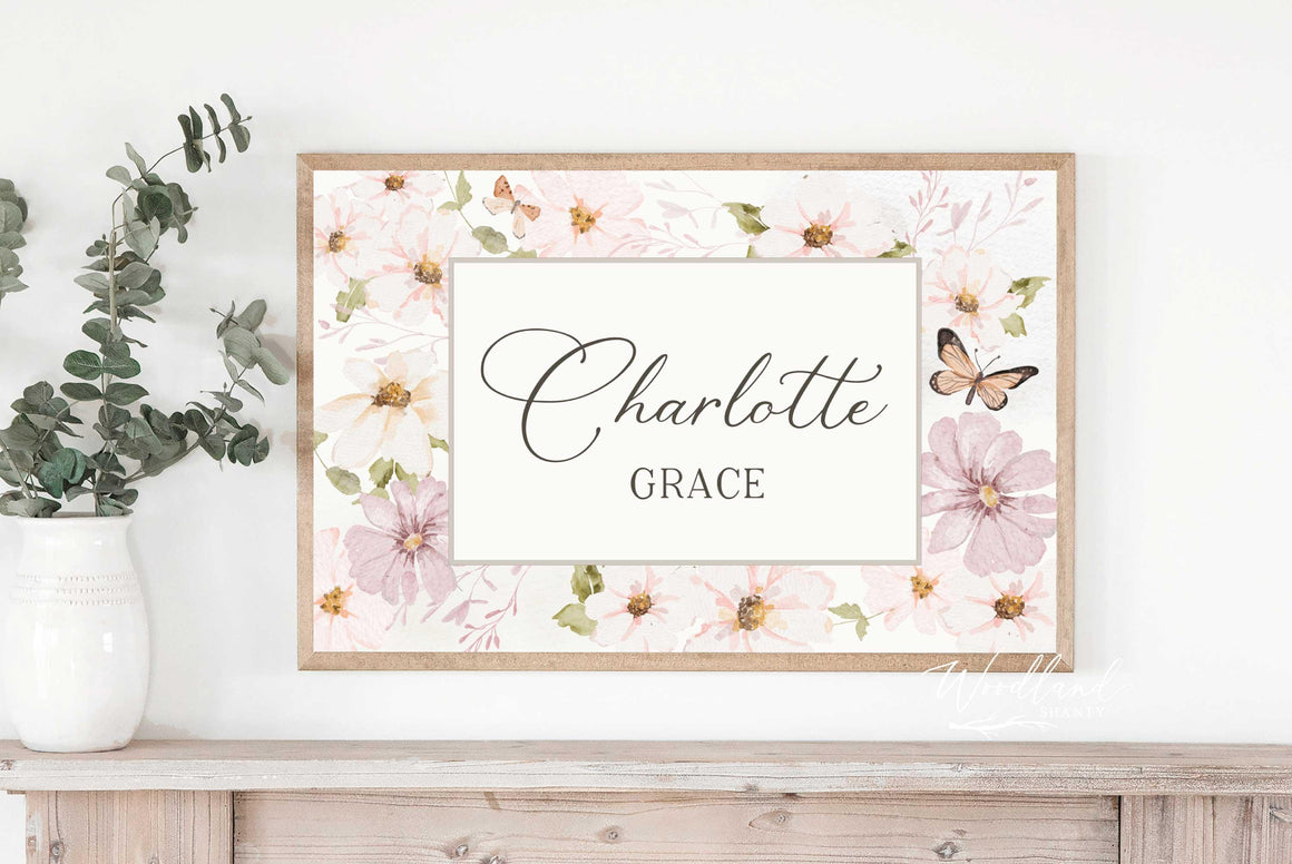 Personalized Name Pink Floral Wall Art Sign, Girls Name Nursery Girls Room Decor, Vintage Pink Floral Custom Nursery Wall Decor