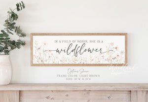 In a Field of Roses, She Is a Wildflower Framed Sign, Girls Room Decor, Nursery Wall Art, Pink Wildflowers Vintage Floral Nursery Room Sign