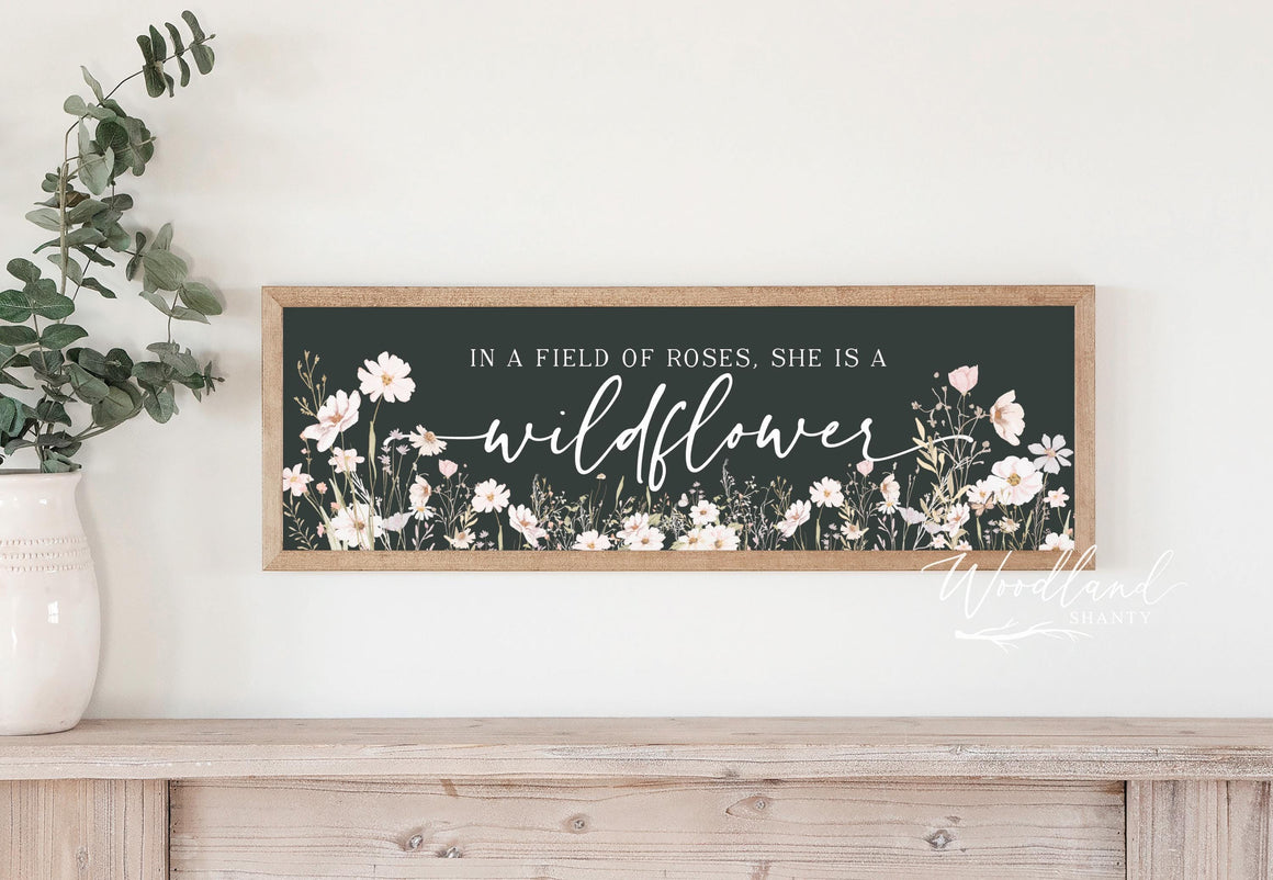 In a Field of Roses, She Is a Wildflower Framed Sign, Girls Room Decor, Nursery Wall Art, Pink Wildflowers Vintage Floral Nursery Room Sign