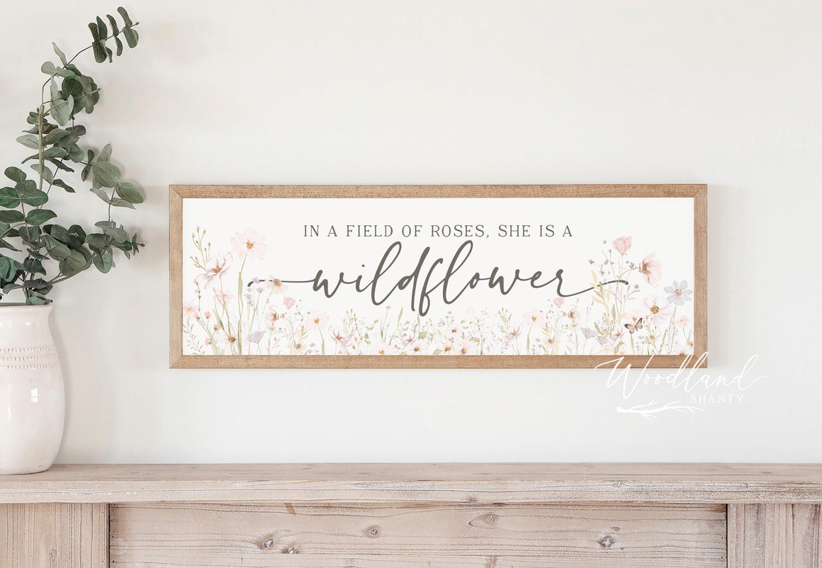 In a Field of Roses, She Is a Wildflower Framed Sign, Girls Room Decor, Nursery Wall Art, Pink Wildflowers Vintage Floral Nursery Room Sign