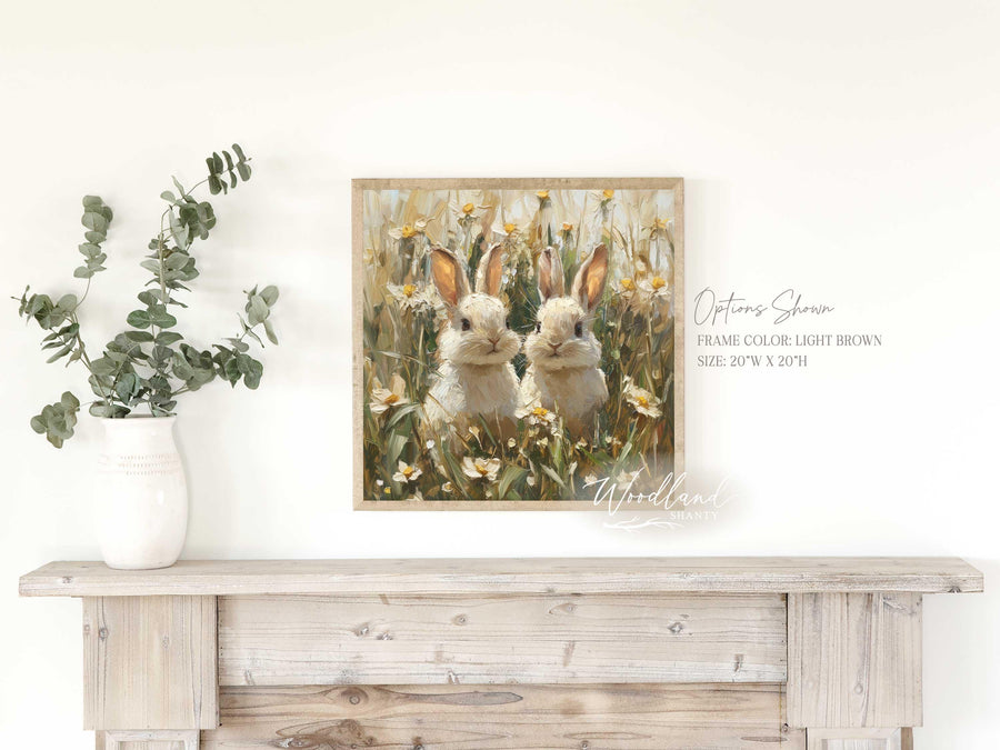 Framed Baby Bunnies Spring Field Wall Art, Vintage Inspired Spring Sign,