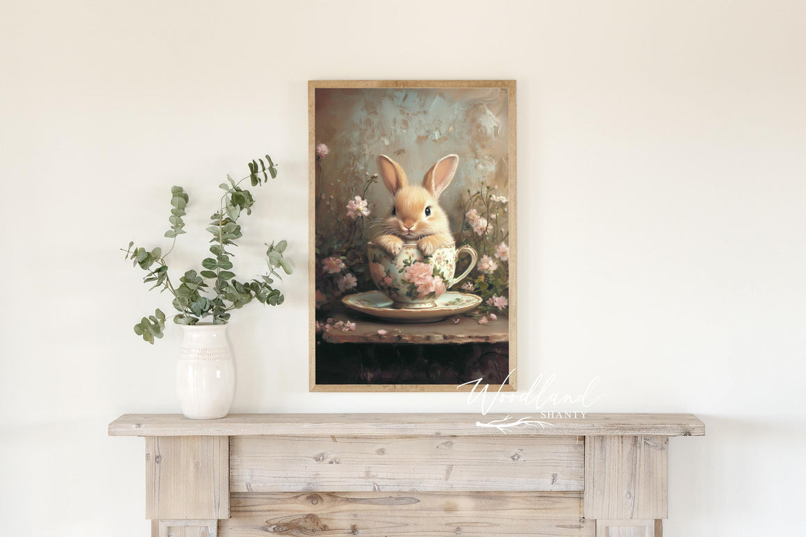 Spring Teacup Bunny Framed Floral Wall Art Sign, Vintage Inspired Bunny Easter Wall Decor
