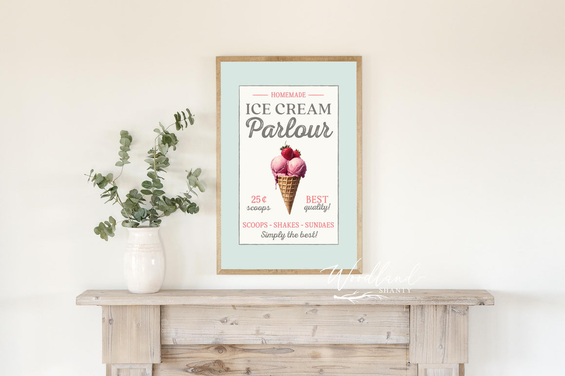 Framed Ice Cream Parlour Wall Art, Summer Wall Decor Sign, Homemade Ice Cream Cone Decor