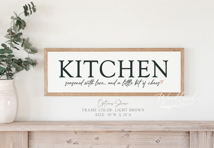 Framed Kitchen Sign, Seasoned with Love and Chaos, Farmhouse Kitchen Wall Art Decor