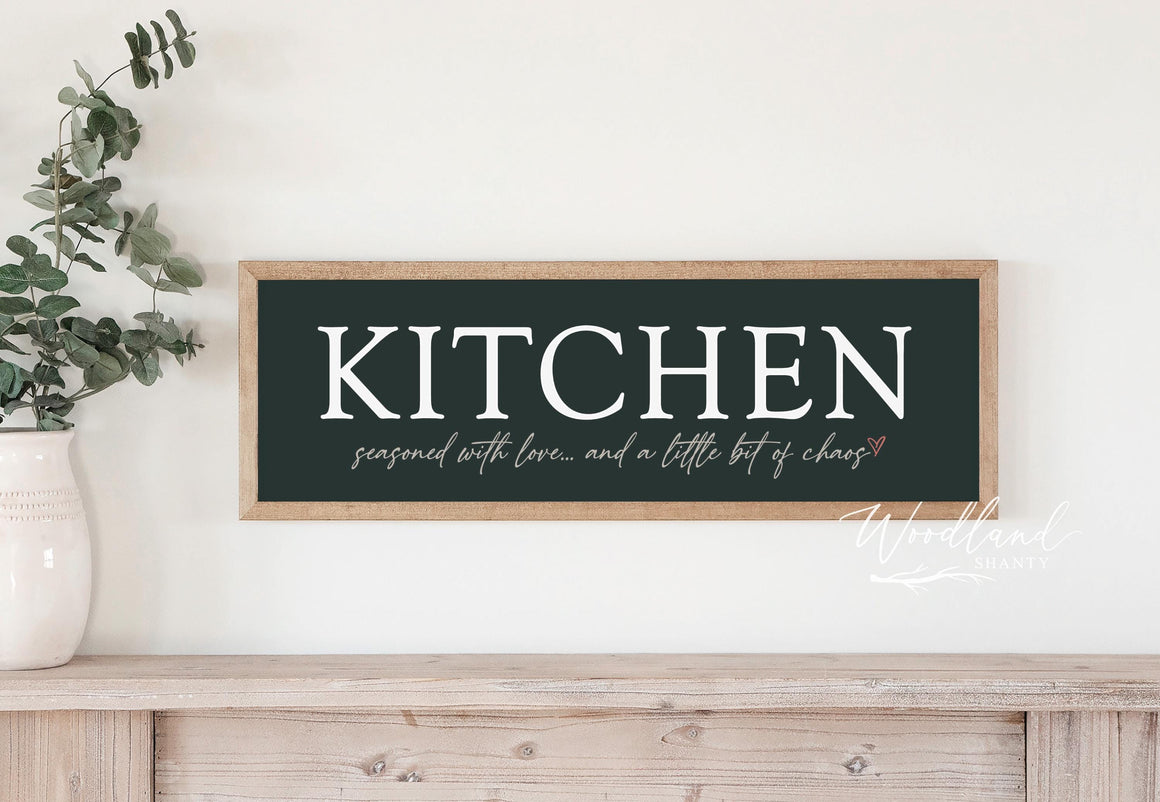 Framed Kitchen Sign, Seasoned with Love and Chaos, Farmhouse Kitchen Wall Art Decor