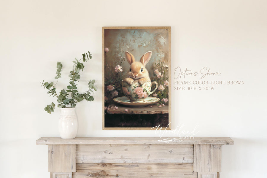 Spring Teacup Bunny Framed Floral Wall Art Sign, Vintage Inspired Bunny Easter Wall Decor