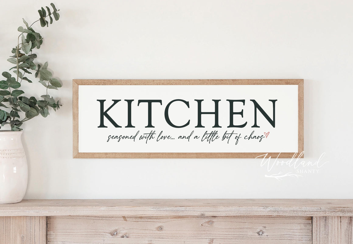 Framed Kitchen Sign, Seasoned with Love and Chaos, Farmhouse Kitchen Wall Art Decor