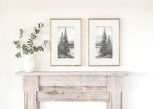 Black and White Trees Framed Print, Nature Themed Vintage Rustic Neutral Wall Decor, Rustic Black and White Forest Lake Wall Art