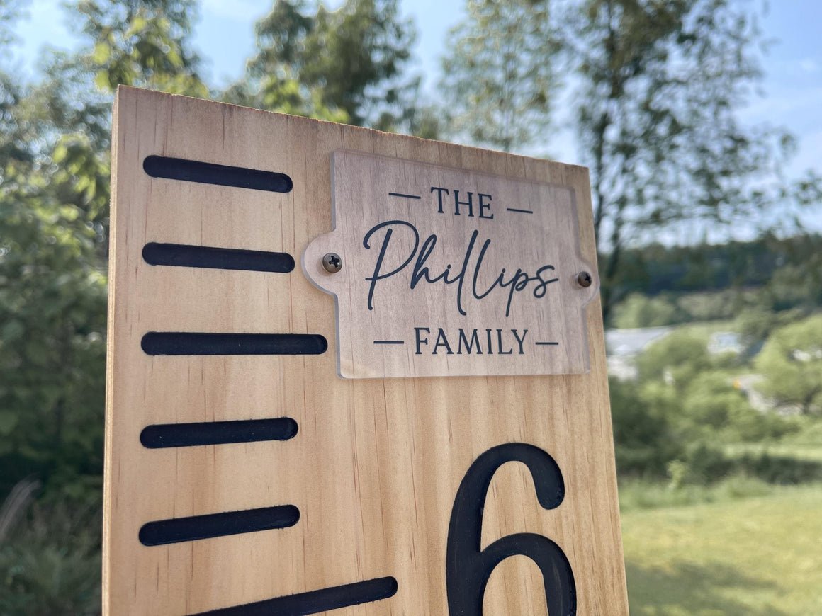 Custom Wooden Engraved Growth Chart Ruler with added Personalization of Acrylic Sign