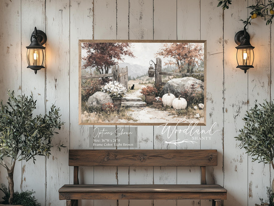 Framed Fall Trees Wall Sign, Rustic Vintage Inspired Fall Home Decor Wall Art, Antique Oil Painting Black Cat Cozy Print Above Mantle Table