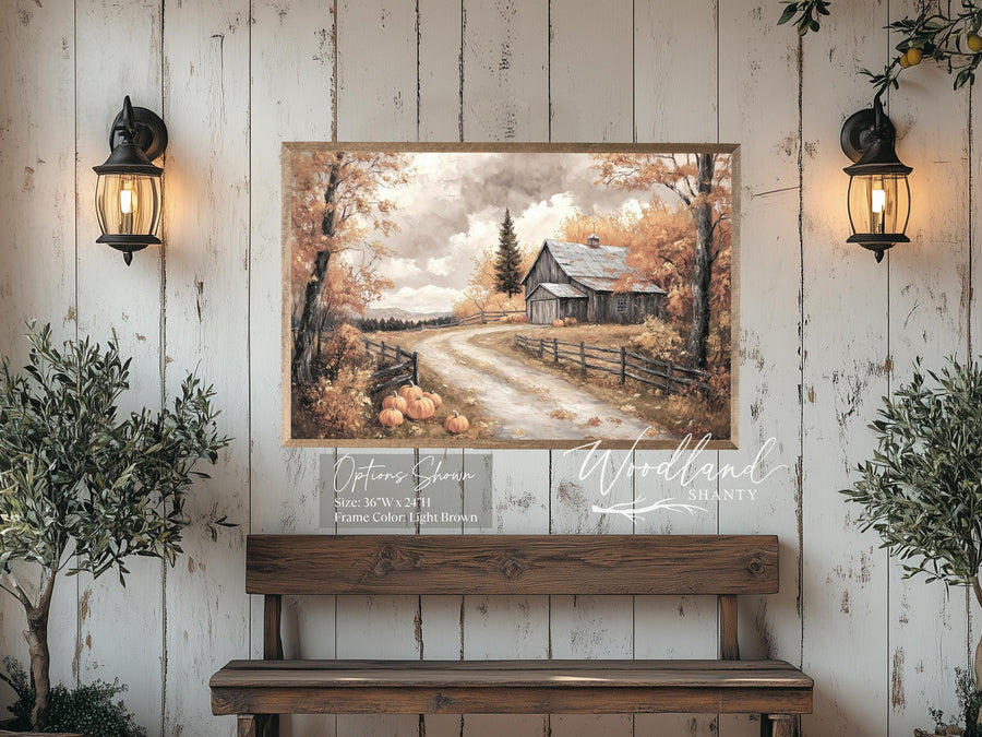 Framed Fall Barn Wall Sign, Rustic Vintage Inspired Fall Home Decor Wall Art, Antique Oil Painting Reproduction Print Above Mantle Table