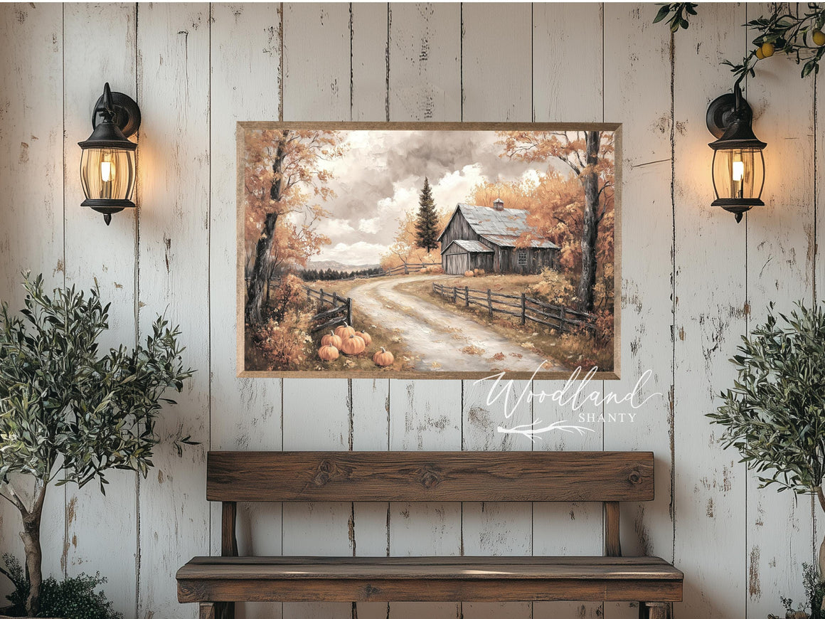 Framed Fall Barn Wall Sign, Rustic Vintage Inspired Fall Home Decor Wall Art, Antique Oil Painting Reproduction Print Above Mantle Table