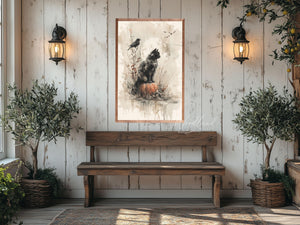 Framed Black Cat on Pumpkin Wall Decor Sign, Fall Halloween Decor, Rustic Vintage Inspired Spooky Vibes, Moon Bird Bats Halloween Sign