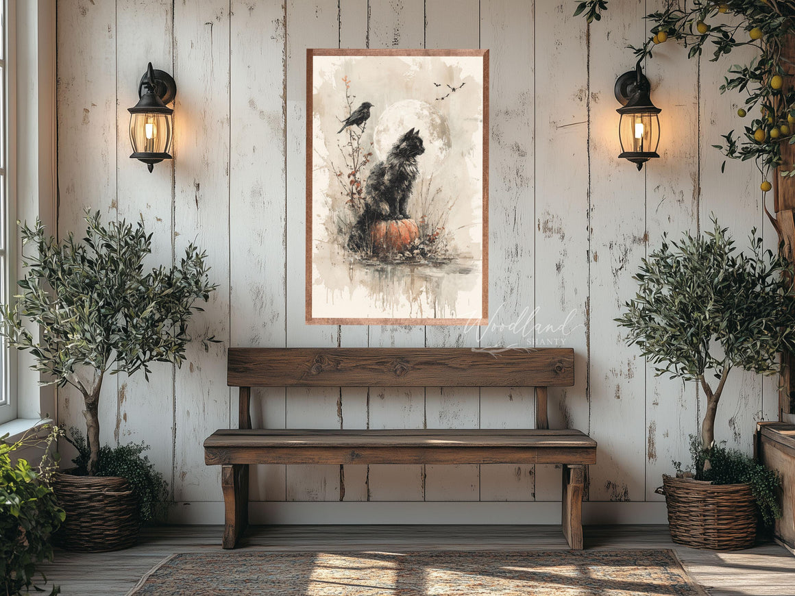 Framed Black Cat on Pumpkin Wall Decor Sign, Fall Halloween Decor, Rustic Vintage Inspired Spooky Vibes, Moon Bird Bats Halloween Sign