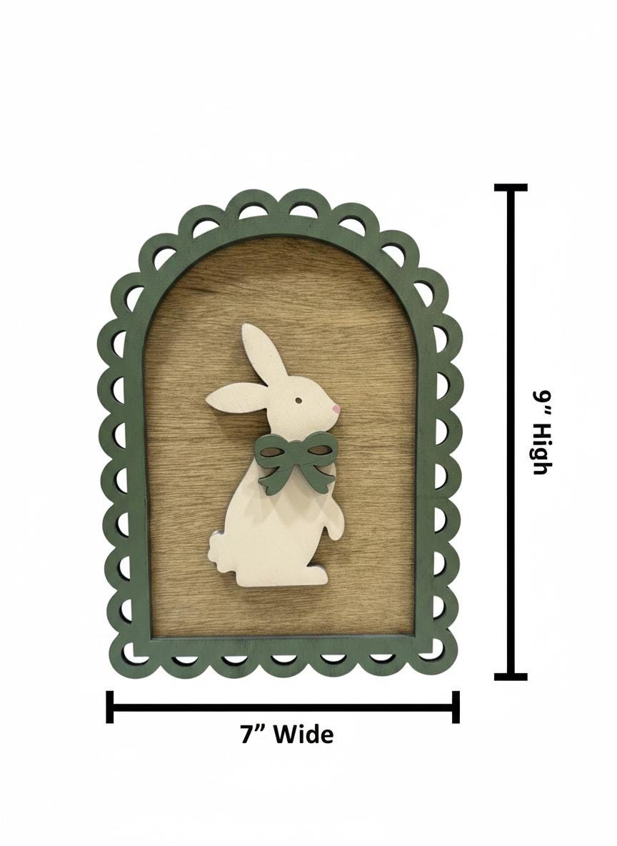 Scalloped Edge Bunny Sign, Vintage Farmhouse Bunny Decor, Easter Shelf Sitter