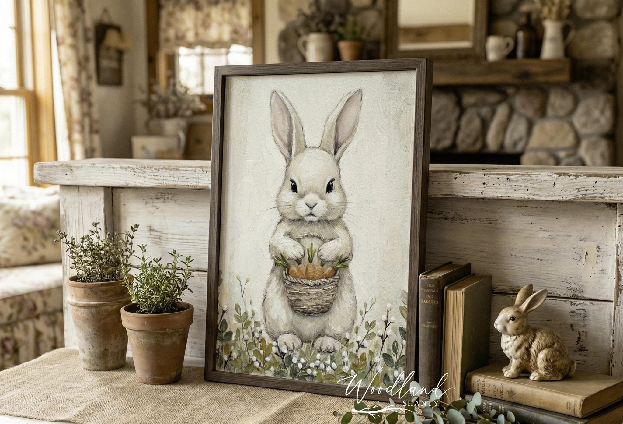 Framed Easter Bunny Spring Wall Art Sign, Vintage Oil Painting Inspired Look, Rustic Cottagecore Spring Easter Wall Decor
