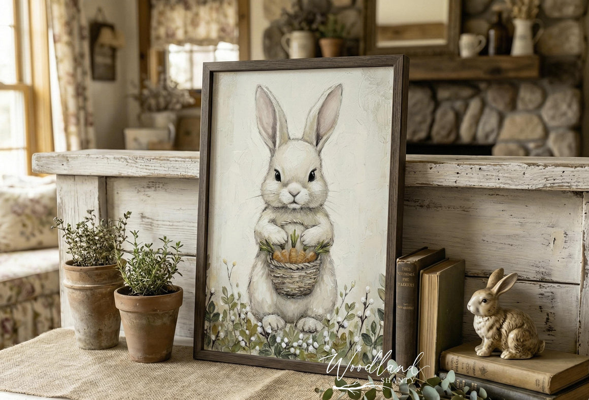 Framed Easter Bunny Spring Wall Art Sign, Vintage Oil Painting Inspired Look, Rustic Cottagecore Spring Easter Wall Decor
