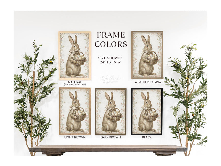 Framed Spring Cottage Bunny Sign, Easter Eggs Basket Spring Floral Print