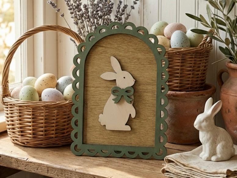 Scalloped Edge Bunny Sign, Vintage Farmhouse Bunny Decor, Easter Shelf Sitter