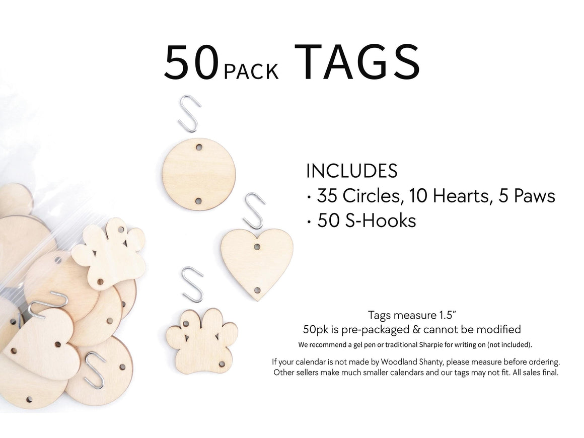 50 Pack 1.5” Birthday Calendar Tags with S Hooks, Includes 35 circles, 10 hearts and 5 paw prints for dog cat, Birthday Calendar Tags