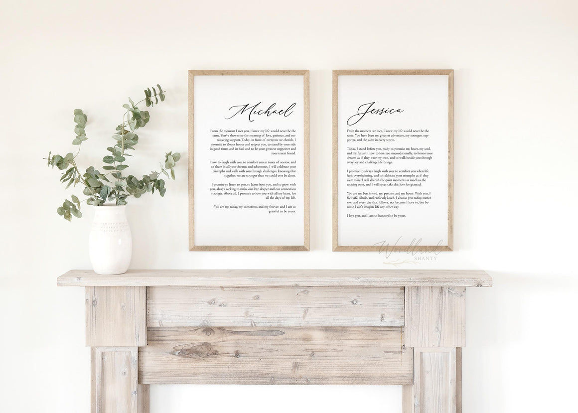 May include: Two framed prints with white backgrounds and black text. The text on the left print reads "Michael" and includes a poem. The text on the right print reads "Jessica" and includes a poem. The prints are displayed on a light wood mantel.