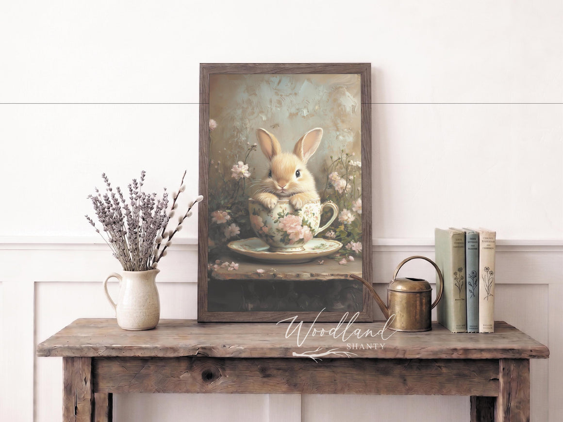 Spring Teacup Bunny Framed Floral Wall Art Sign