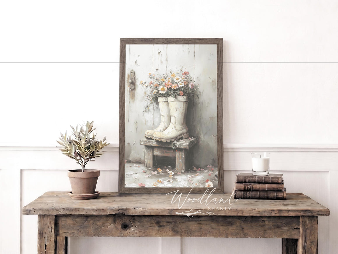 Framed Vintage Flower Rain Boots Spring Wall Art Sign